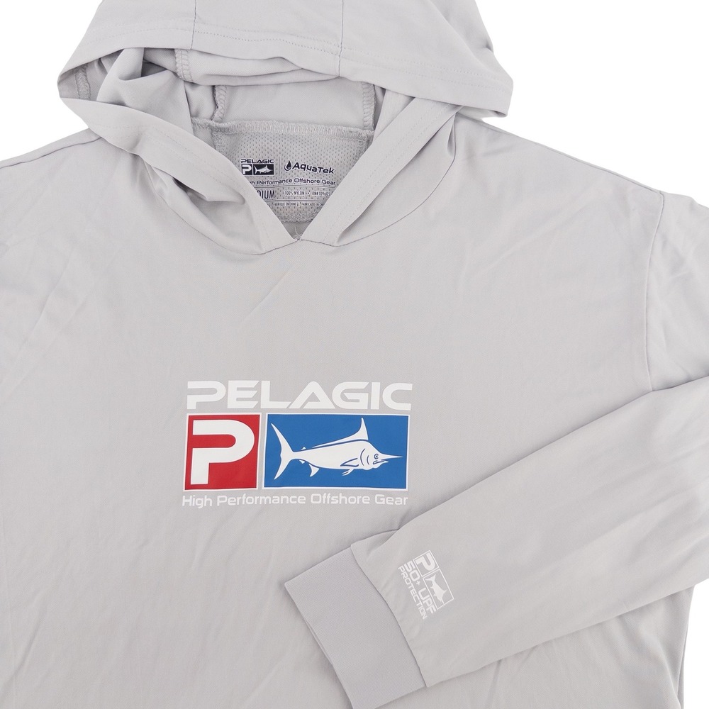 Pelagic Mens Medium Sun Hoodie Grey AquaTek Performance Fishing Offshore Shirt